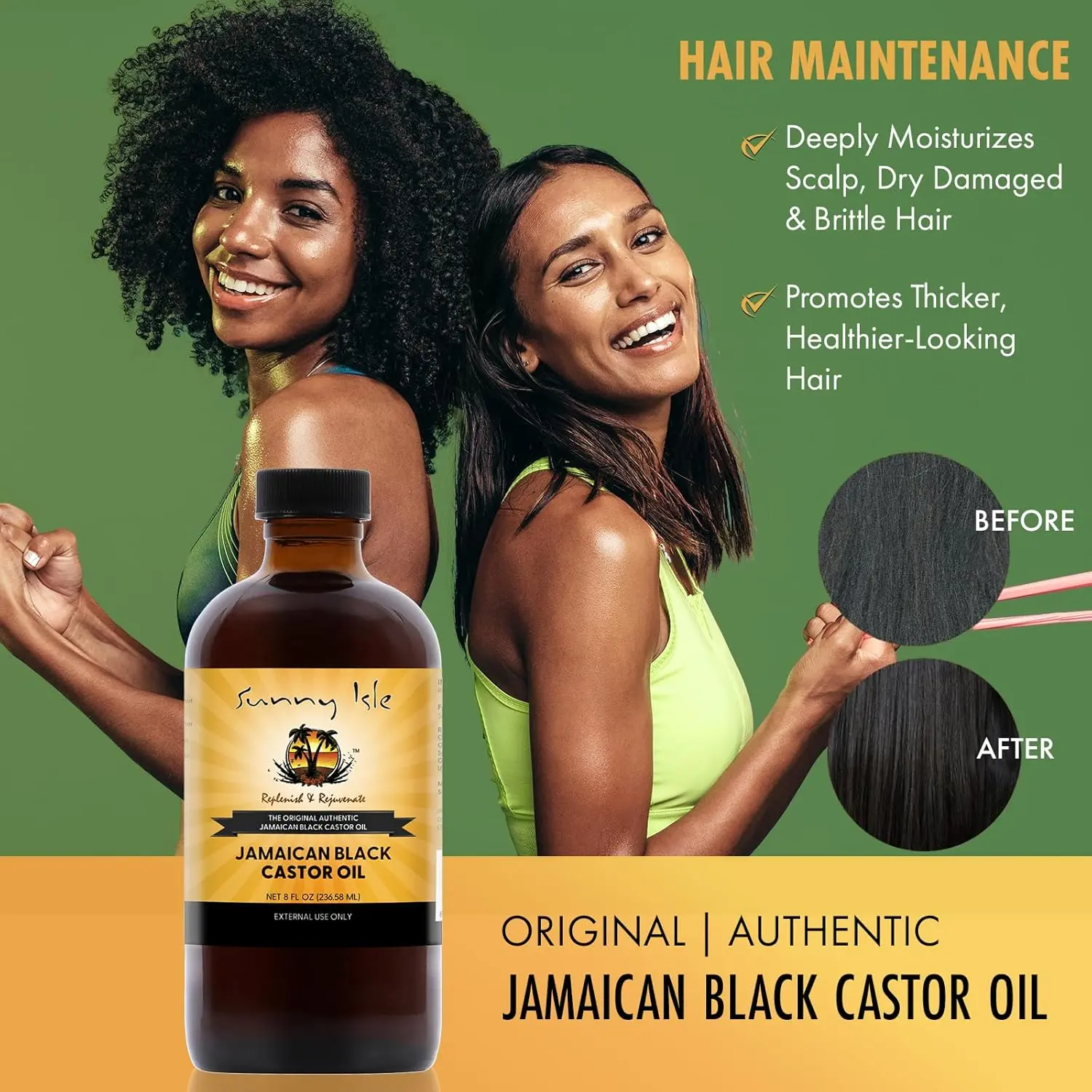 Sunny Isle Jamaican Black Castor Oil in amber bottle for healthy hair growth, scalp treatment, and skin moisturizing.