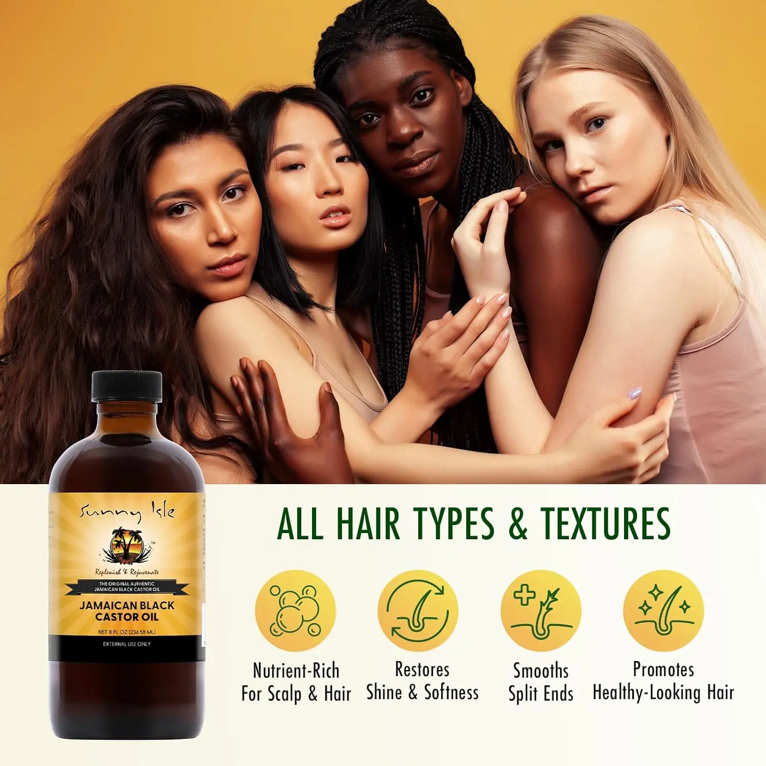 Sunny Isle Jamaican Black Castor Oil in amber bottle for healthy hair growth, scalp treatment, and skin moisturizing.