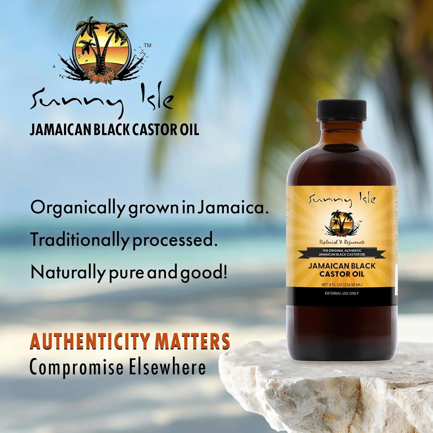 Sunny Isle Jamaican Black Castor Oil in amber bottle for healthy hair growth, scalp treatment, and skin moisturizing.