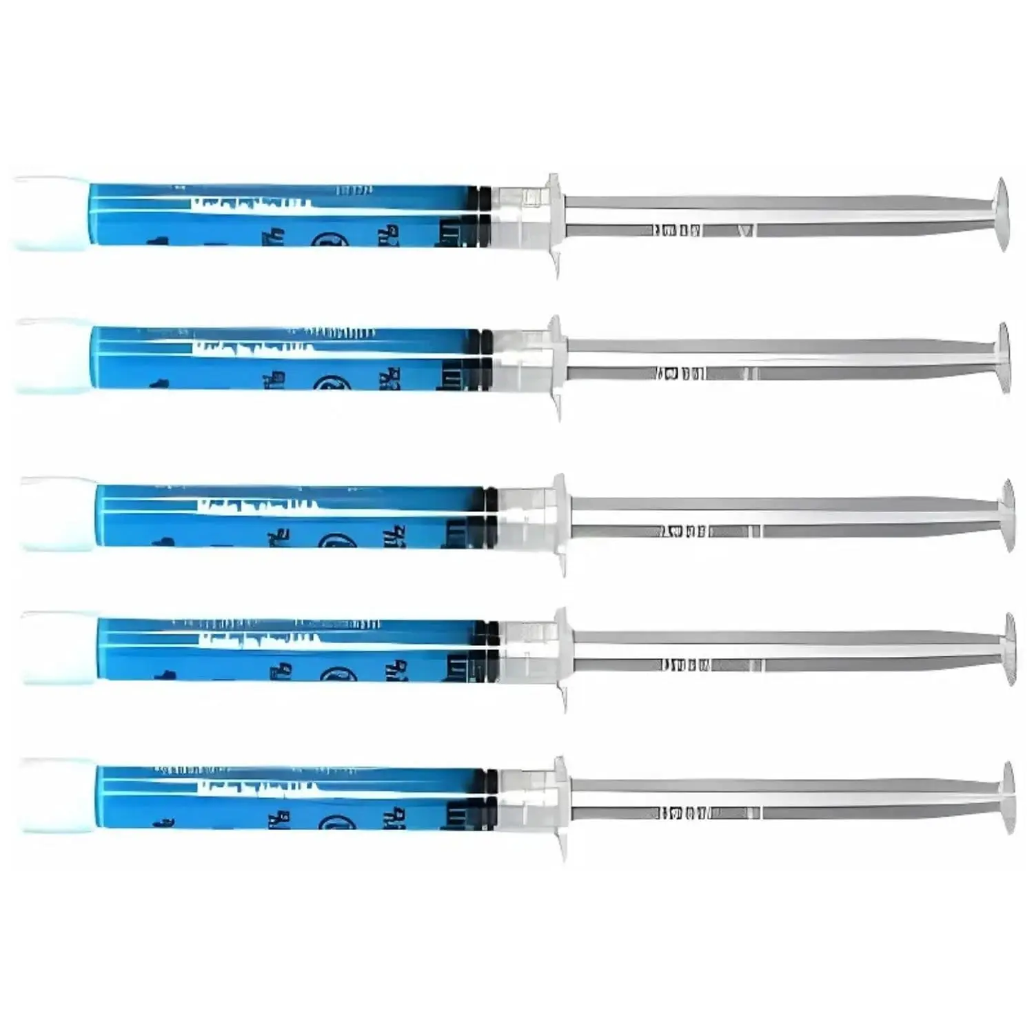 Five syringes of Sunshine remineralization gel designed to reduce teeth sensitivity after whitening treatments, featuring a compact and feature-rich design.