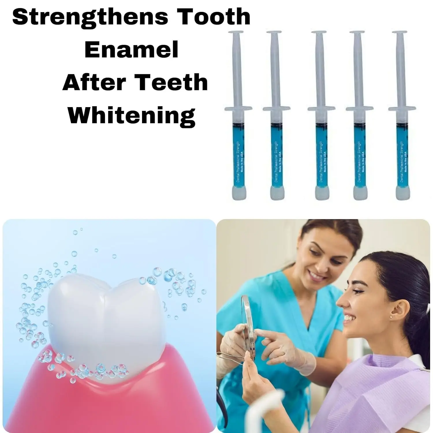 Five syringes of Sunshine remineralization gel designed to reduce teeth sensitivity after whitening treatments, featuring a compact and feature-rich design.