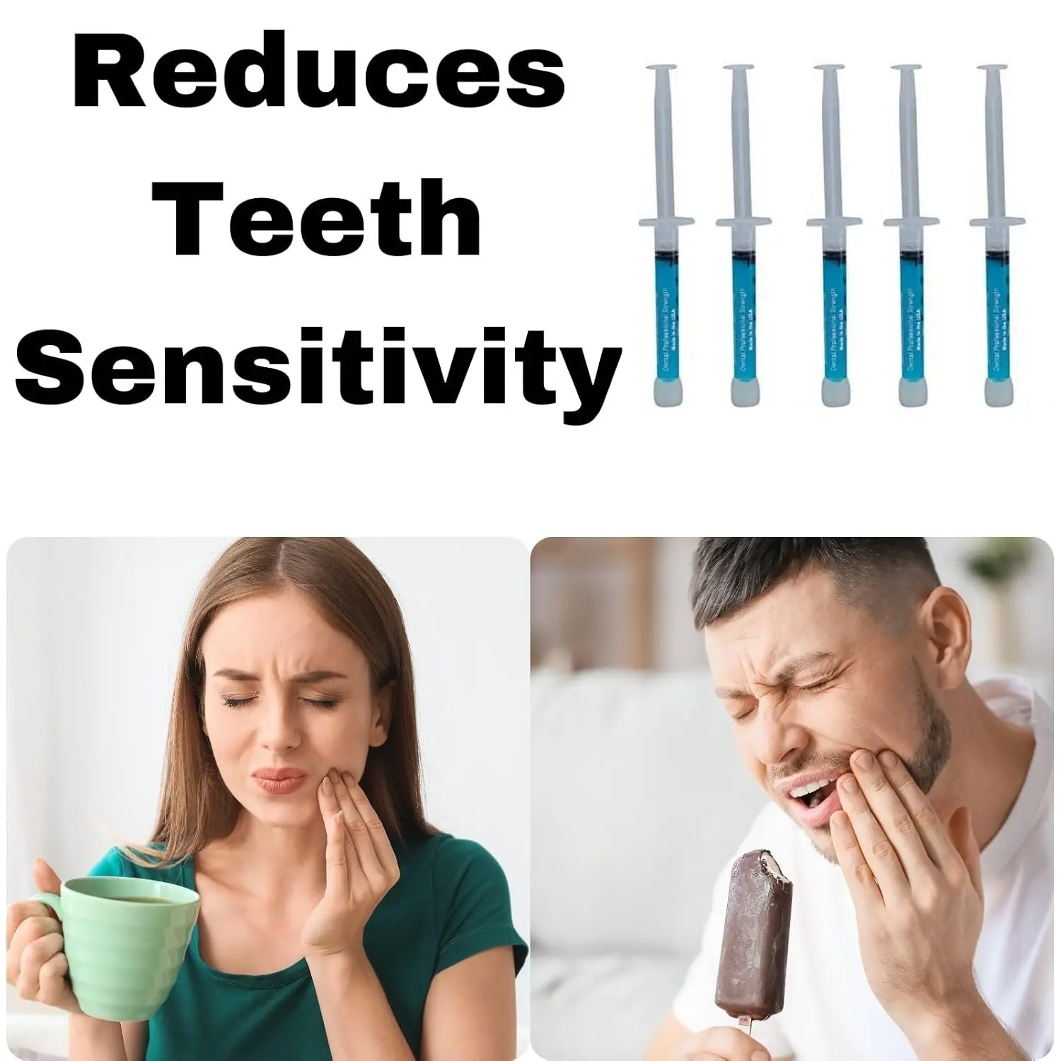 Five syringes of Sunshine remineralization gel designed to reduce teeth sensitivity after whitening treatments, featuring a compact and feature-rich design.