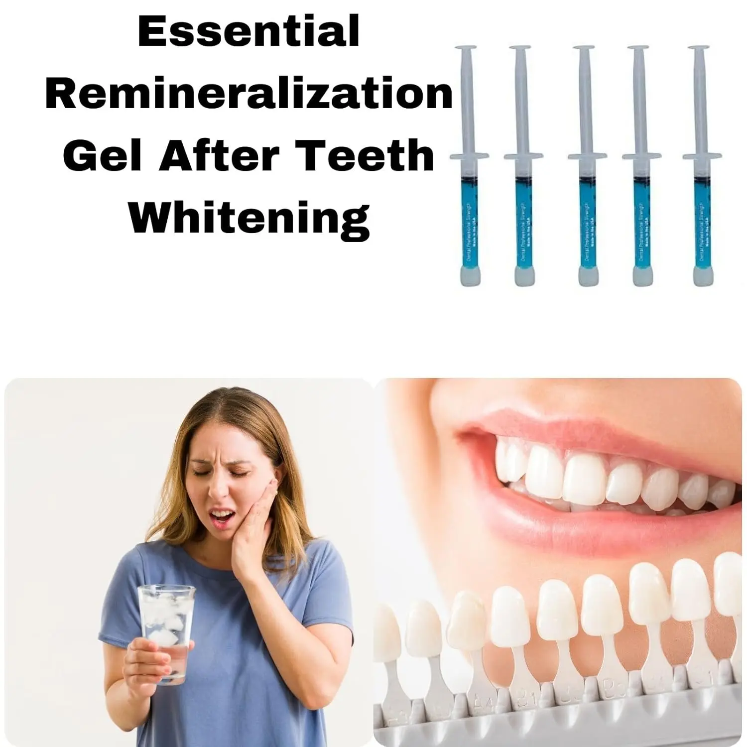 Five syringes of Sunshine remineralization gel designed to reduce teeth sensitivity after whitening treatments, featuring a compact and feature-rich design.