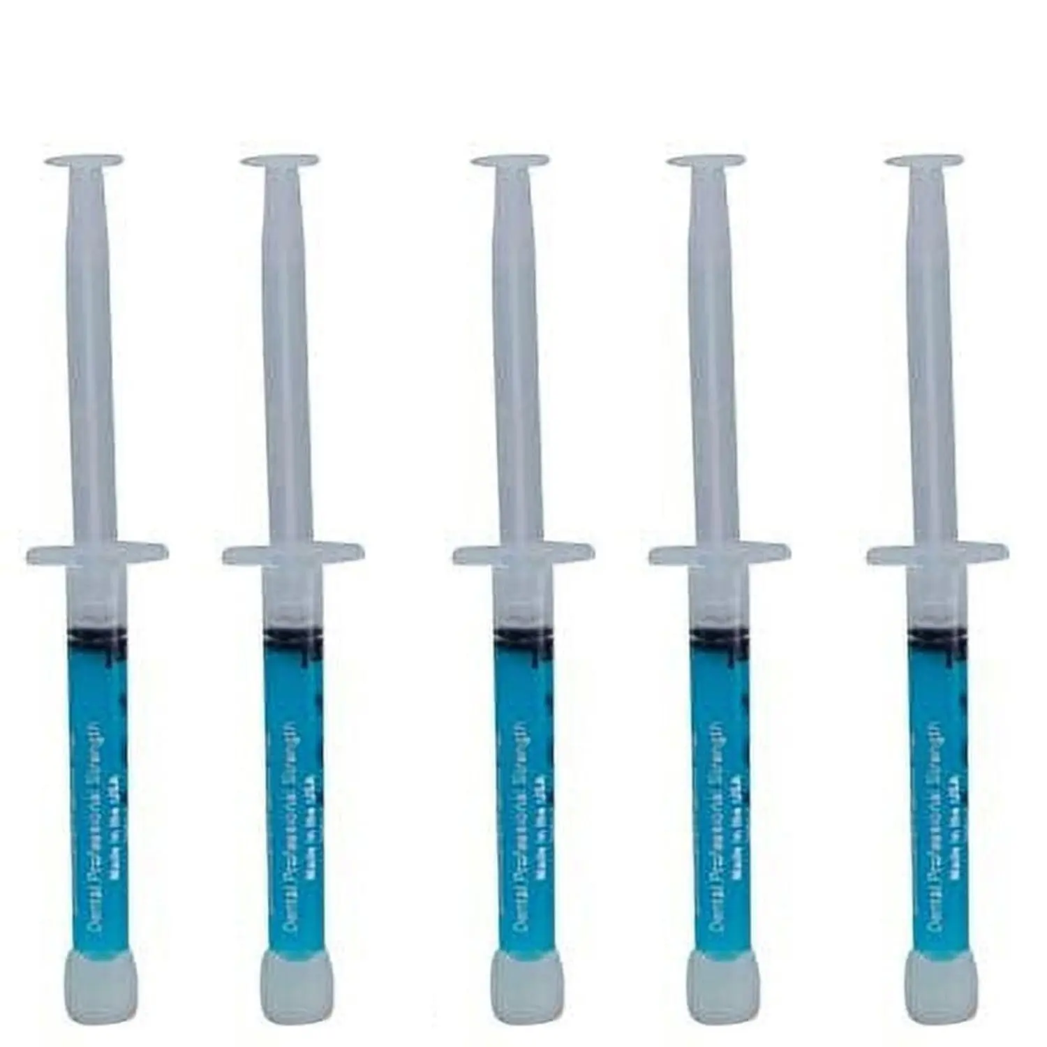 Five syringes of Sunshine remineralization gel designed to reduce teeth sensitivity after whitening treatments, featuring a compact and feature-rich design.