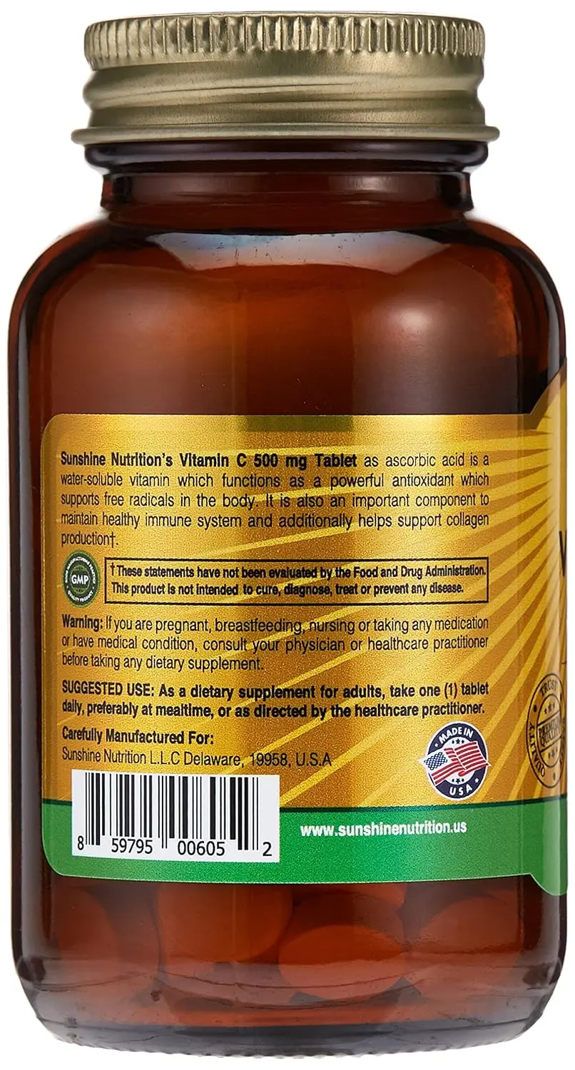 Sunshine Nutrition Vitamin C 500mg tablets provide antioxidant support and help boost the immune system.