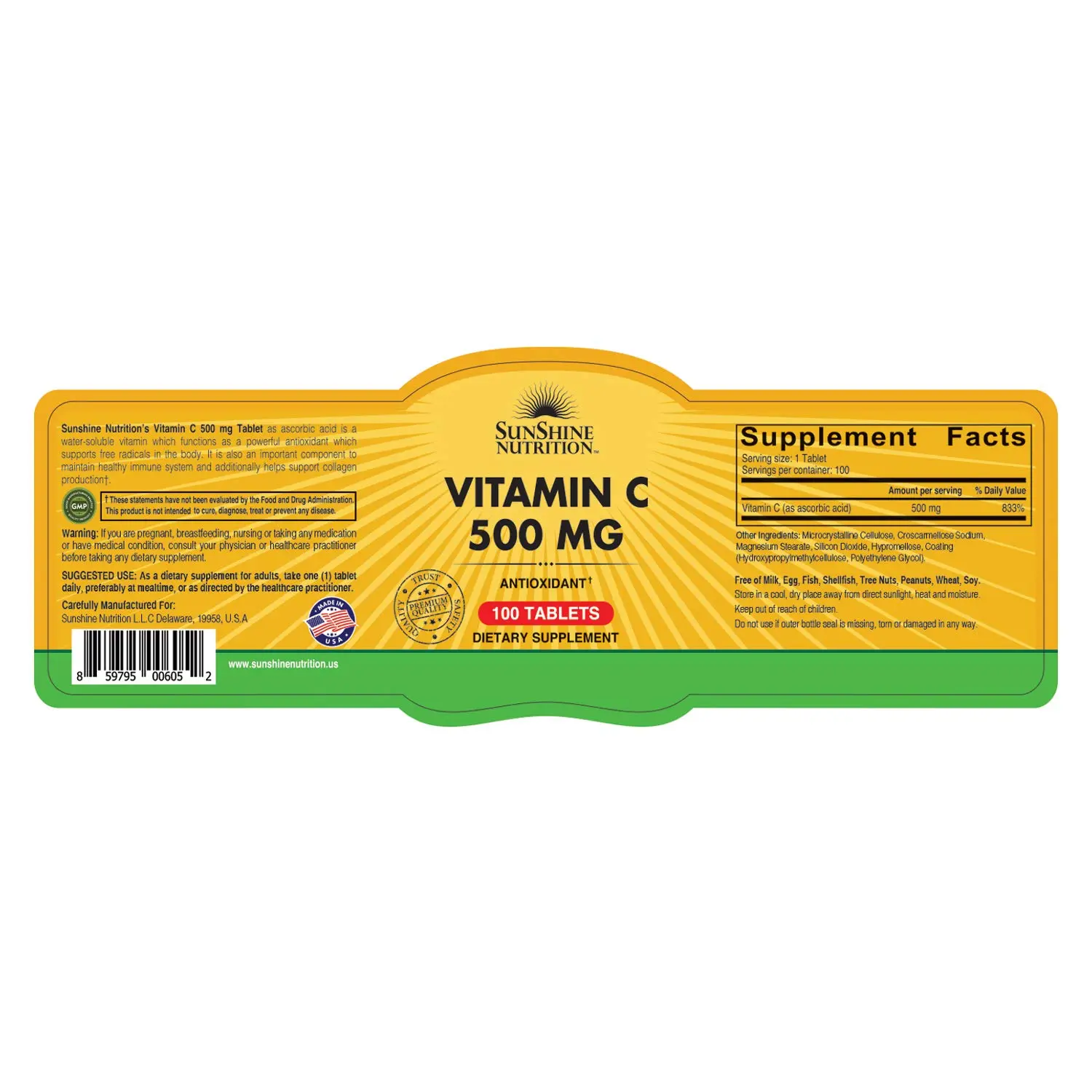 Sunshine Nutrition Vitamin C 500mg tablets provide antioxidant support and help boost the immune system.