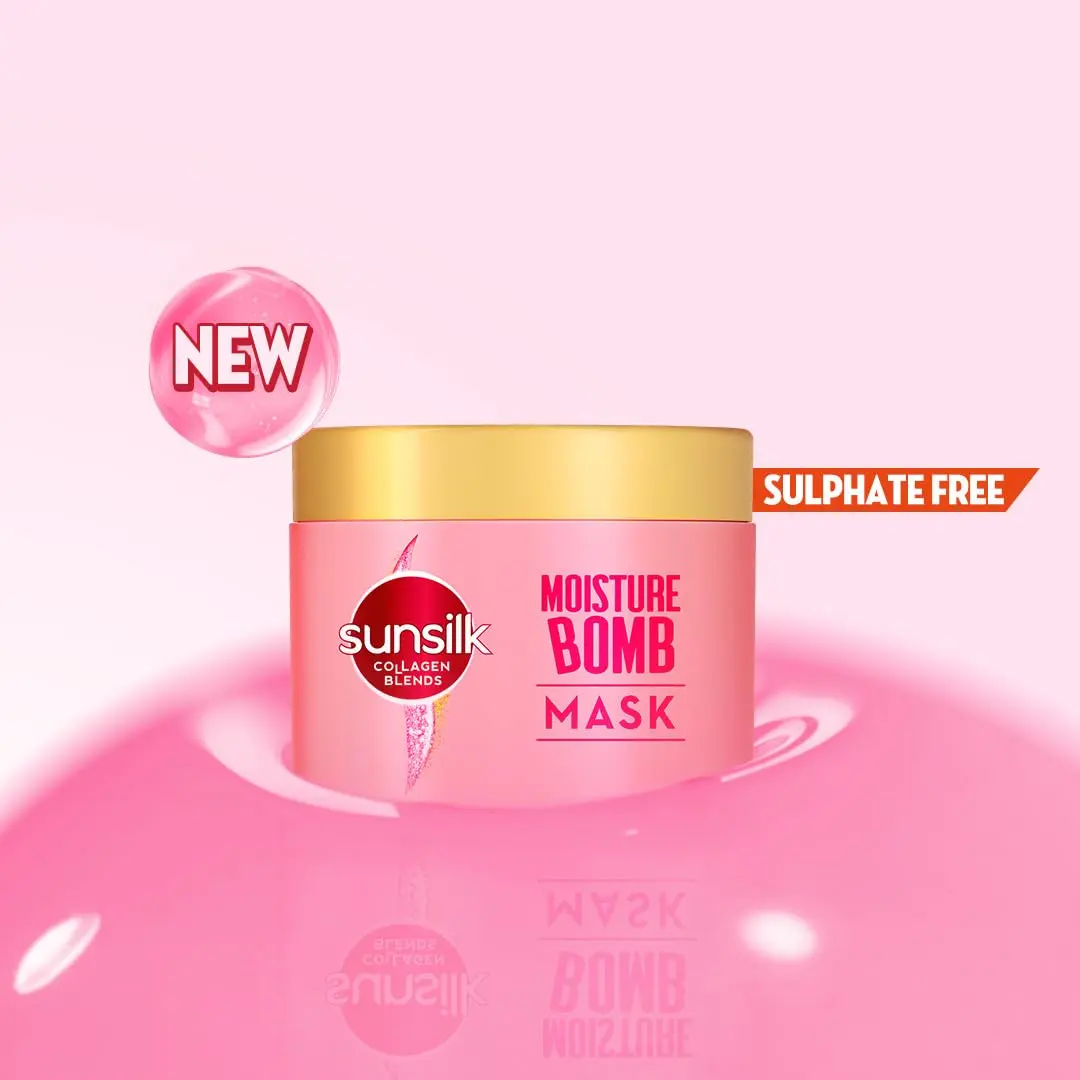 Sunsilk Collagen Blends Moisture Bomb hair mask infused with collagen and hyaluronic acid provides deep hydration and nourishment for dry, damaged hair, resulting in bouncy, healthy-looking hair.