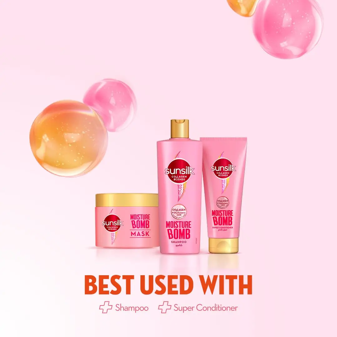 Sunsilk Collagen Blends Moisture Bomb hair mask infused with collagen and hyaluronic acid provides deep hydration and nourishment for dry, damaged hair, resulting in bouncy, healthy-looking hair.