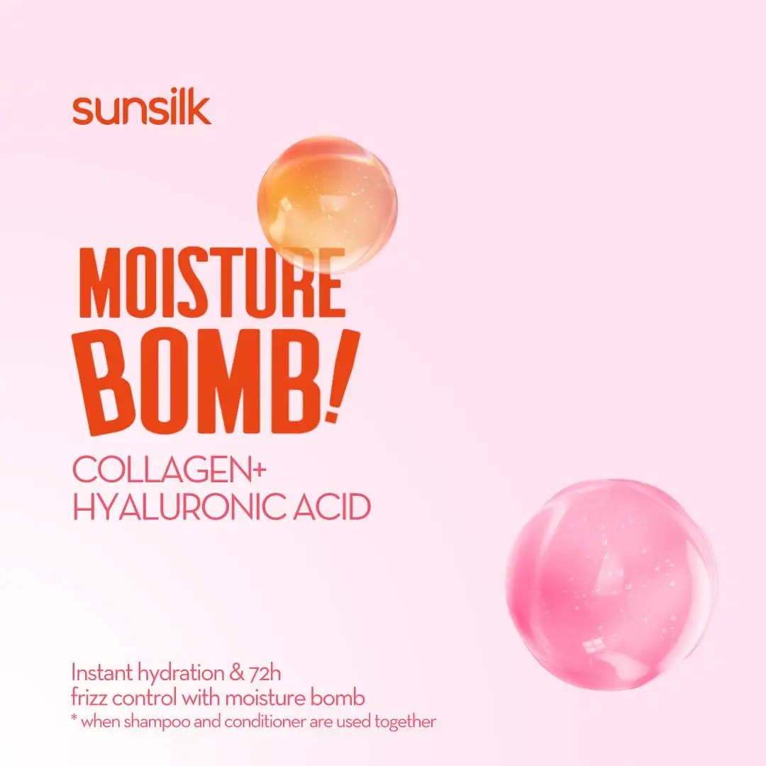 Sunsilk Collagen Blends Moisture Bomb hair mask infused with collagen and hyaluronic acid provides deep hydration and nourishment for dry, damaged hair, resulting in bouncy, healthy-looking hair.