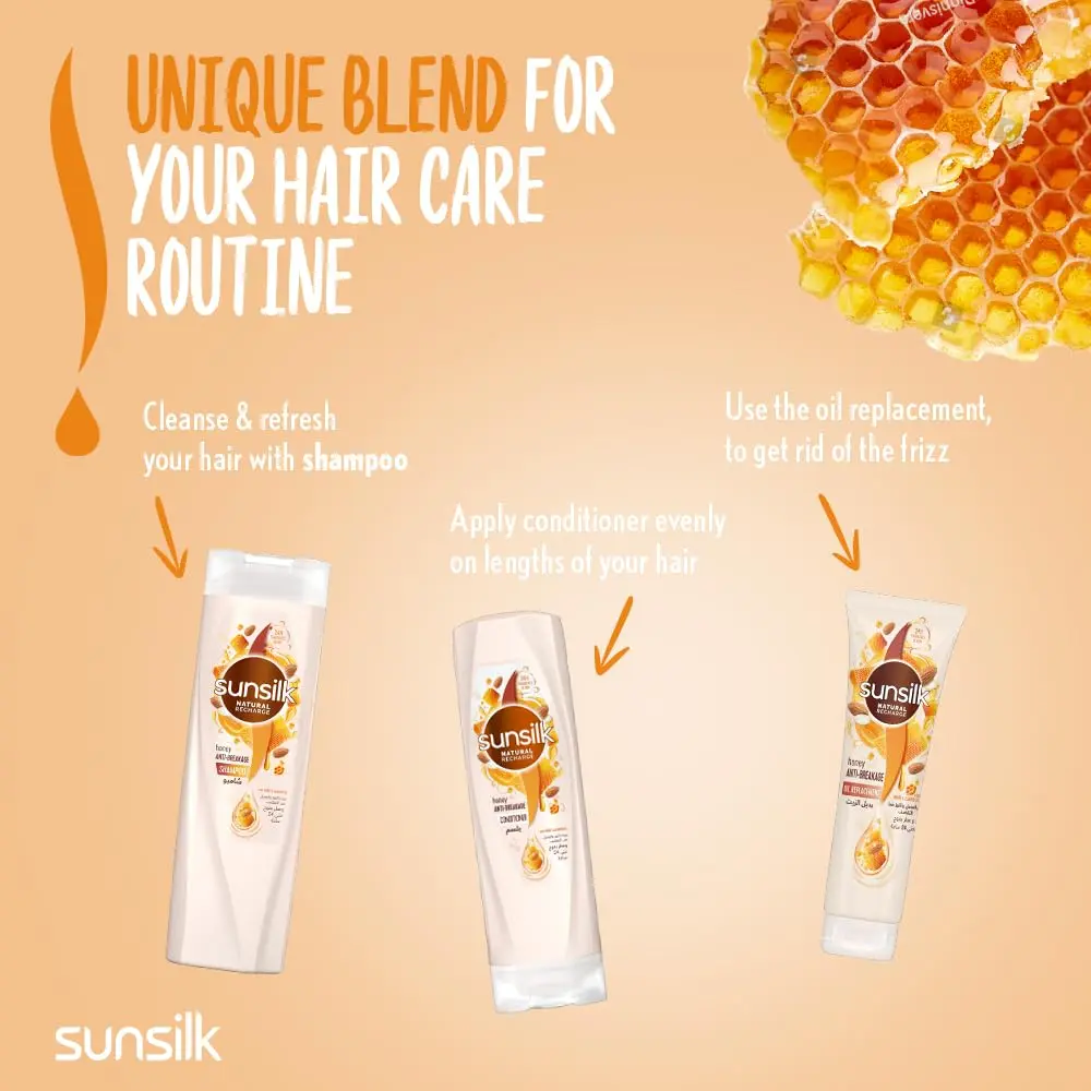 Sunsilk Honey Anti-Breakage shampoo and conditioner set with almond oil nourishes and helps prevent breakage for soft, smooth, healthy-looking hair.