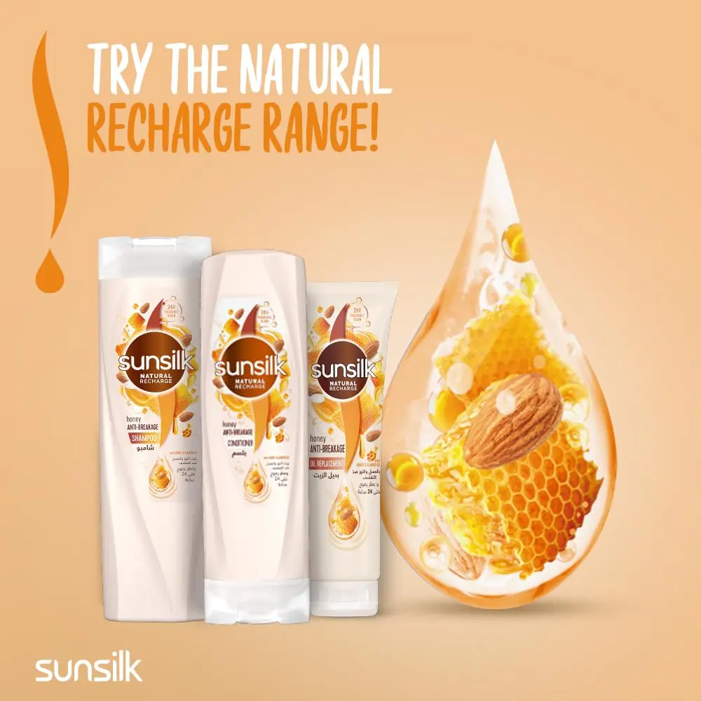 Sunsilk Honey Anti-Breakage shampoo and conditioner set with almond oil nourishes and helps prevent breakage for soft, smooth, healthy-looking hair.
