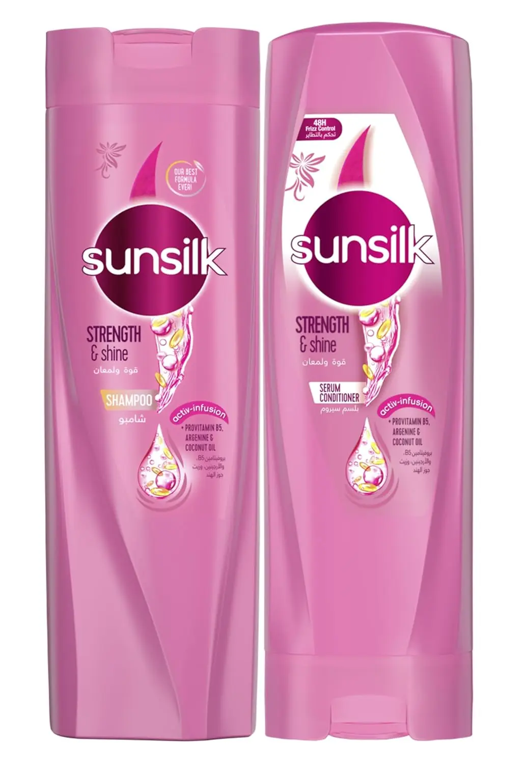 Sunsilk Strength & Shine shampoo and conditioner set nourishes and protects hair, leaving it strong, silky, and resilient.
