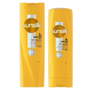 Sunsilk Silky Smooth shampoo and conditioner set, supercharged with amino-silk complex, for instantly stronger and smoother hair.