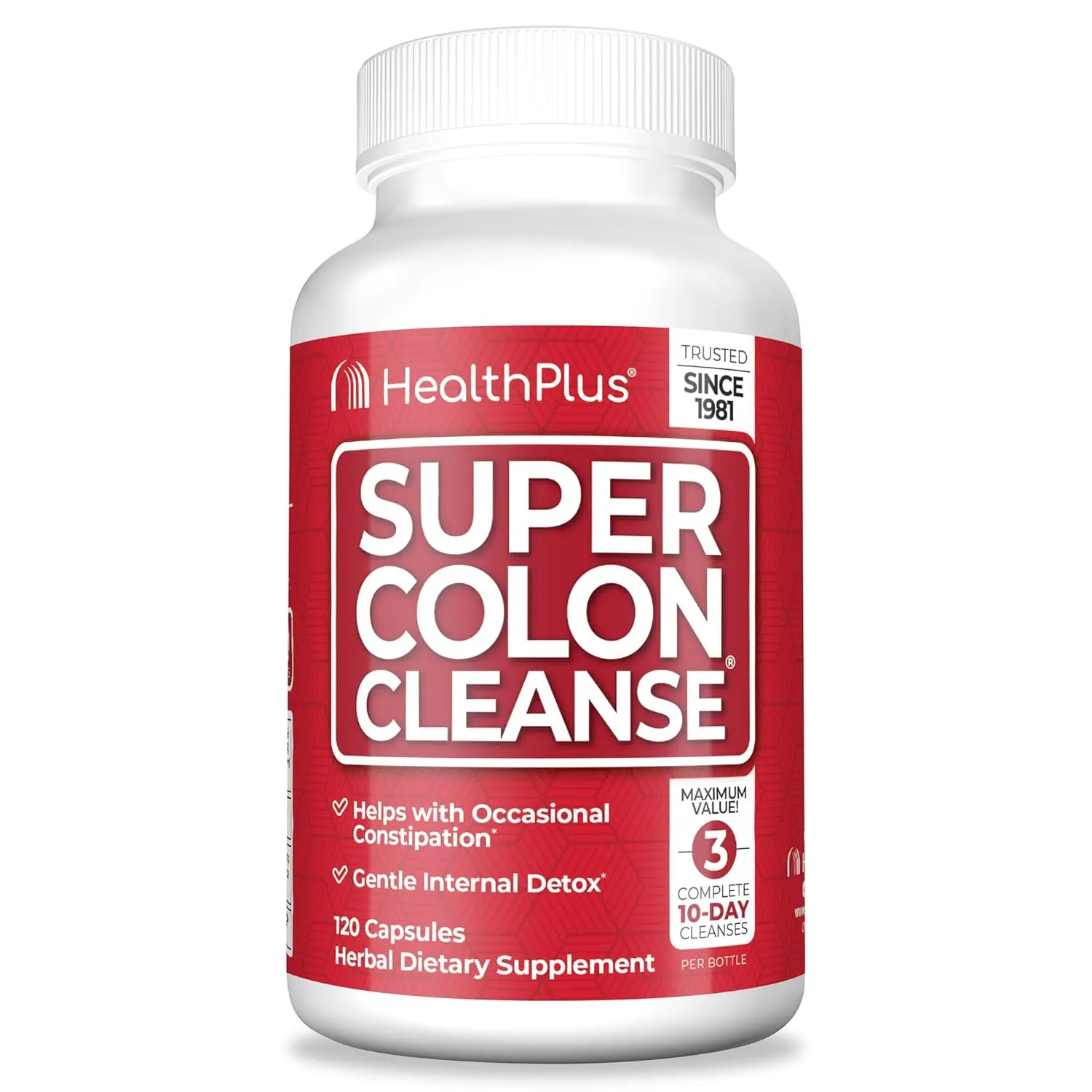 Health Plus Super Colon Cleanse capsules contain natural herbs and probiotics for gentle internal cleansing and occasional constipation relief, now with an improved formula of just two capsules per dose.