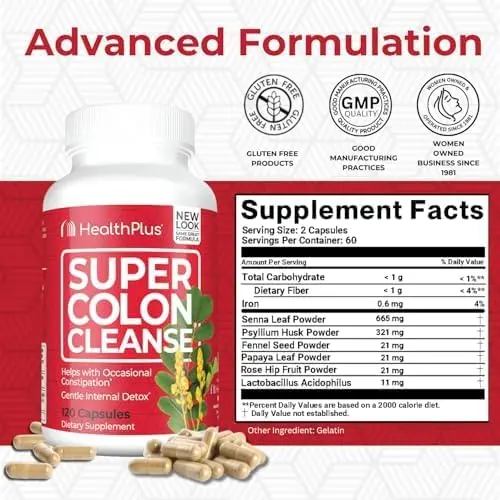 Health Plus Super Colon Cleanse capsules contain natural herbs and probiotics for gentle internal cleansing and occasional constipation relief, now with an improved formula of just two capsules per dose.