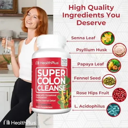 Health Plus Super Colon Cleanse capsules contain natural herbs and probiotics for gentle internal cleansing and occasional constipation relief, now with an improved formula of just two capsules per dose.