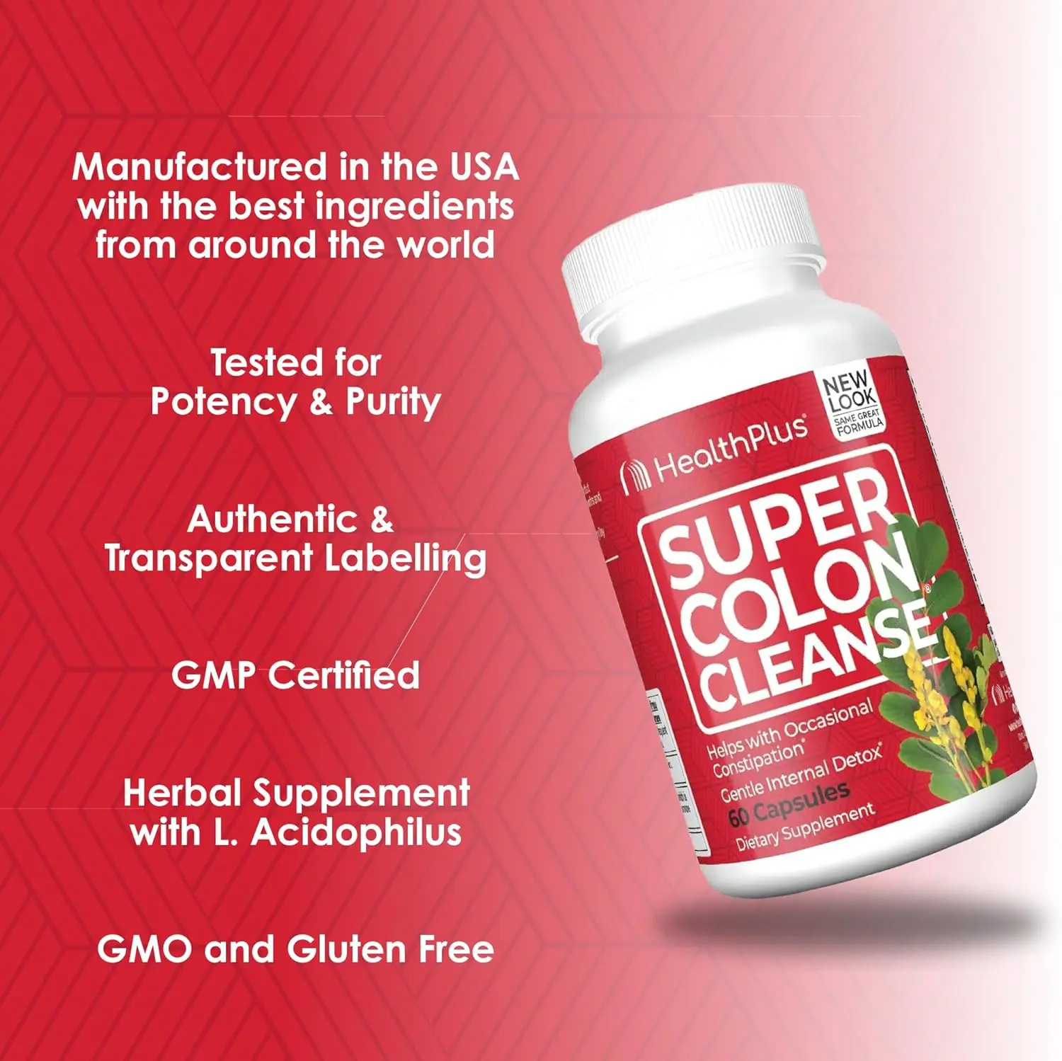 Health Plus Super Colon Cleanse capsules contain natural herbs and probiotics for gentle internal cleansing and occasional constipation relief, now with an improved formula of just two capsules per dose.