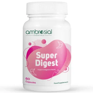 Ambrosial Super Digest supplement promotes gut health and helps with bloating relief.
