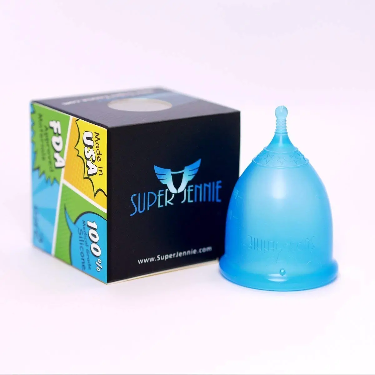 The Super Jennie menstrual cup, proudly made in the USA from medical grade silicone, offers comfortable and leak-proof period protection, making tampons and pads obsolete for first-time and experienced users with heavy or light flow.