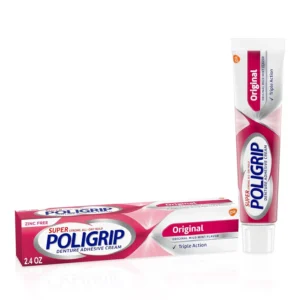 Tube of Super Poligrip Original zinc-free denture adhesive cream that provides a strong, 12-hour hold for dentures and partials while sealing out food particles.