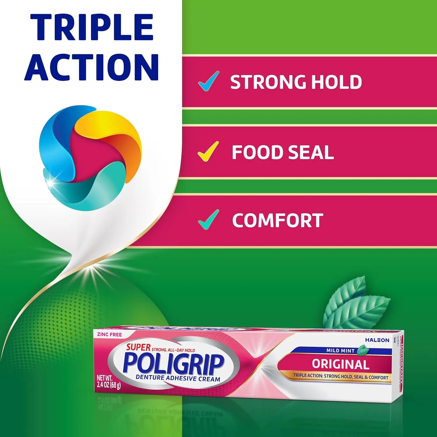 Two pack of Super Poligrip zinc-free denture adhesive cream providing a strong, 12-hour hold that helps to seal out food particles and prevent gum irritation.