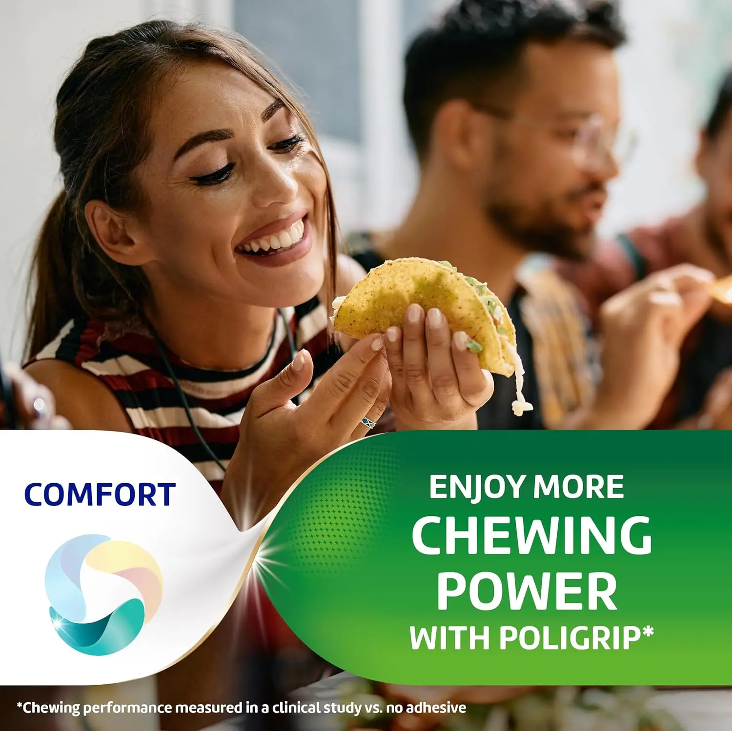 Two pack of Super Poligrip zinc-free denture adhesive cream providing a strong, 12-hour hold that helps to seal out food particles and prevent gum irritation.