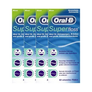 Superfloss dental floss effectively and gently cleans around braces, bridges, and wide interdental spaces, making it easy and safe to use.