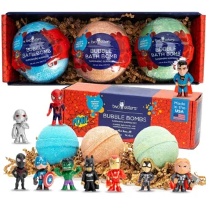 Three superhero bath bombs for kids with surprise toys create colorful bubbles and relaxing aromas, made in the USA.