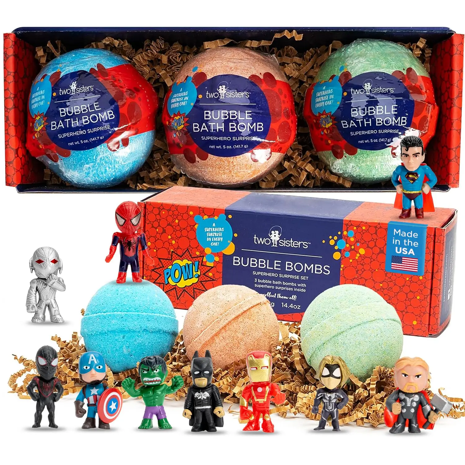 Three superhero bath bombs for kids with surprise toys create colorful bubbles and relaxing aromas, made in the USA.