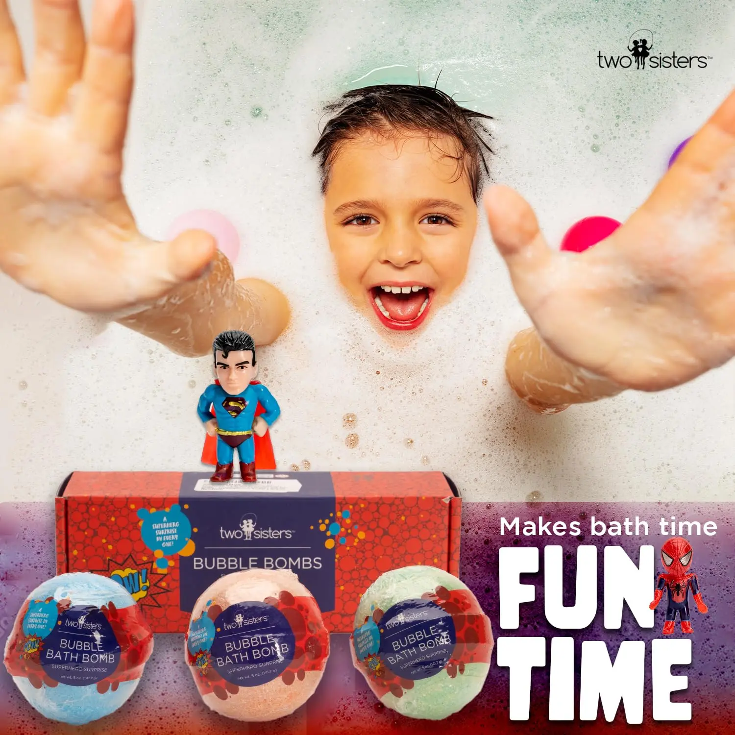 Three superhero bath bombs for kids with surprise toys create colorful bubbles and relaxing aromas, made in the USA.