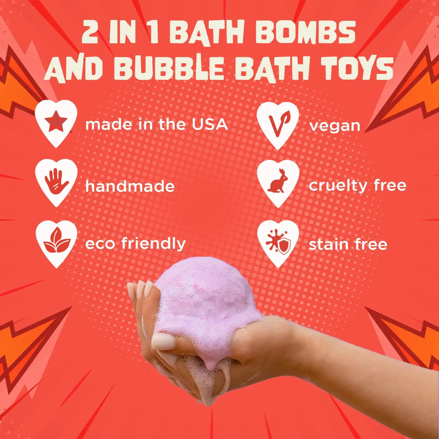 Three superhero bath bombs for kids with surprise toys create colorful bubbles and relaxing aromas, made in the USA.