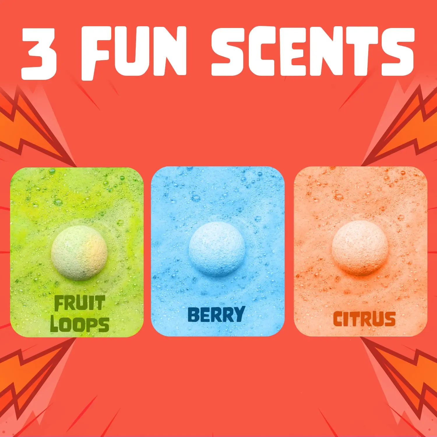 Three superhero bath bombs for kids with surprise toys create colorful bubbles and relaxing aromas, made in the USA.