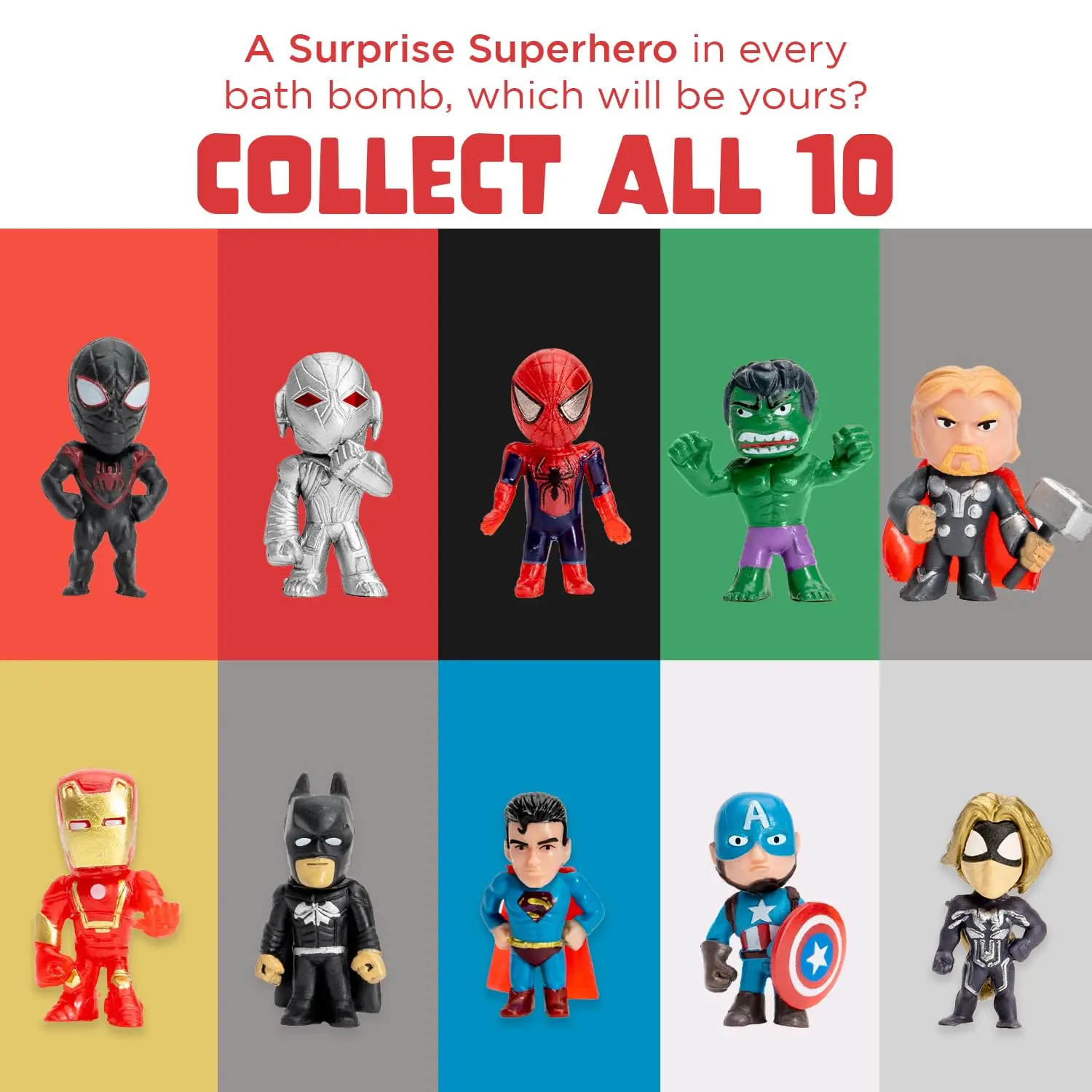 Three superhero bath bombs for kids with surprise toys create colorful bubbles and relaxing aromas, made in the USA.