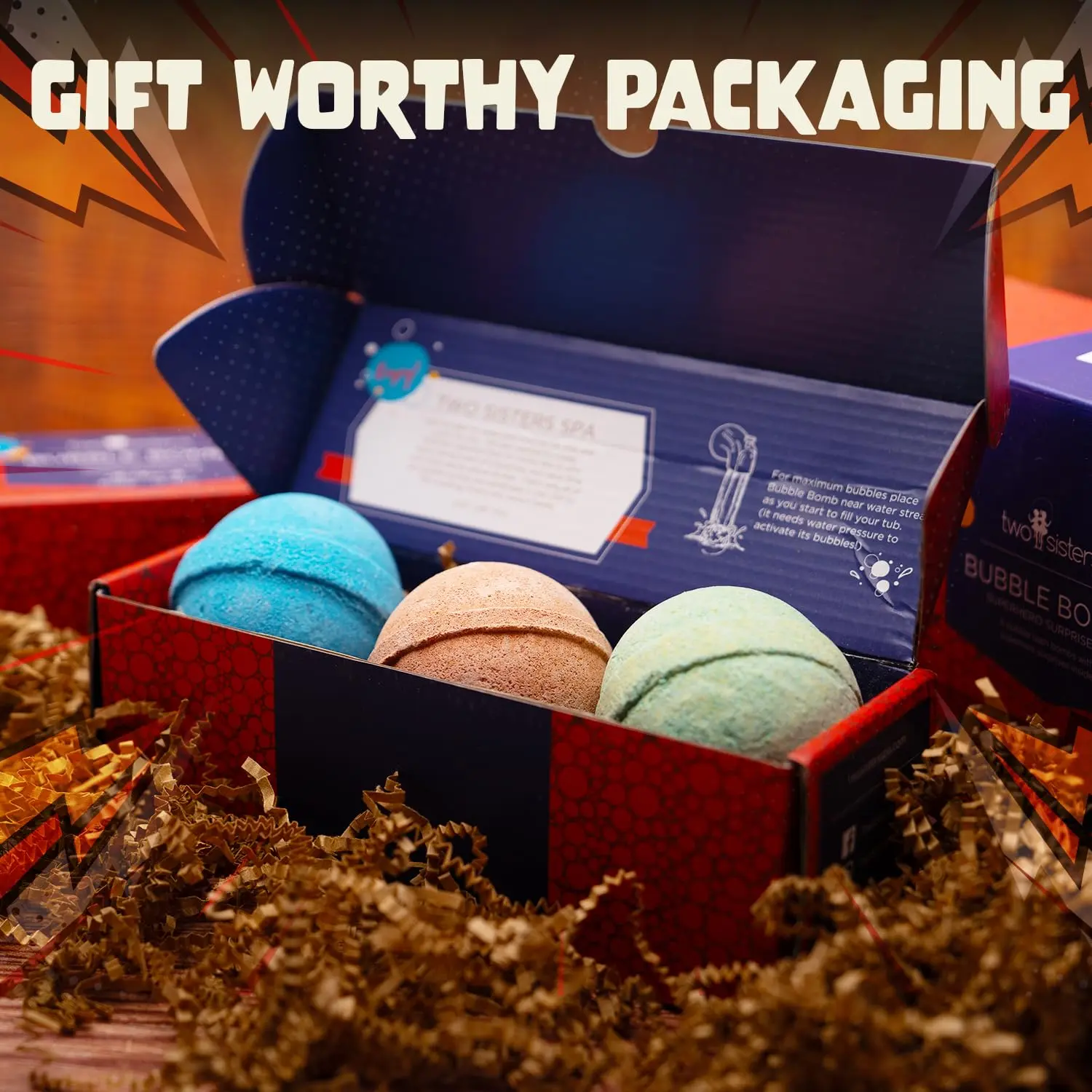 Three superhero bath bombs for kids with surprise toys create colorful bubbles and relaxing aromas, made in the USA.