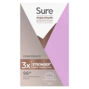 Sure Maximum Protection Confidence anti-perspirant deodorant cream stick provides 96-hour odour and sweat protection, keeping you fresh and confident.