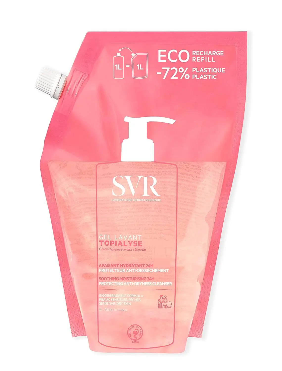 SVR TOPIALYSE gentle cleansing gel wash effectively and safely cleanses dry, sensitive skin for the entire family, leaving it soothed, hydrated, and protected.