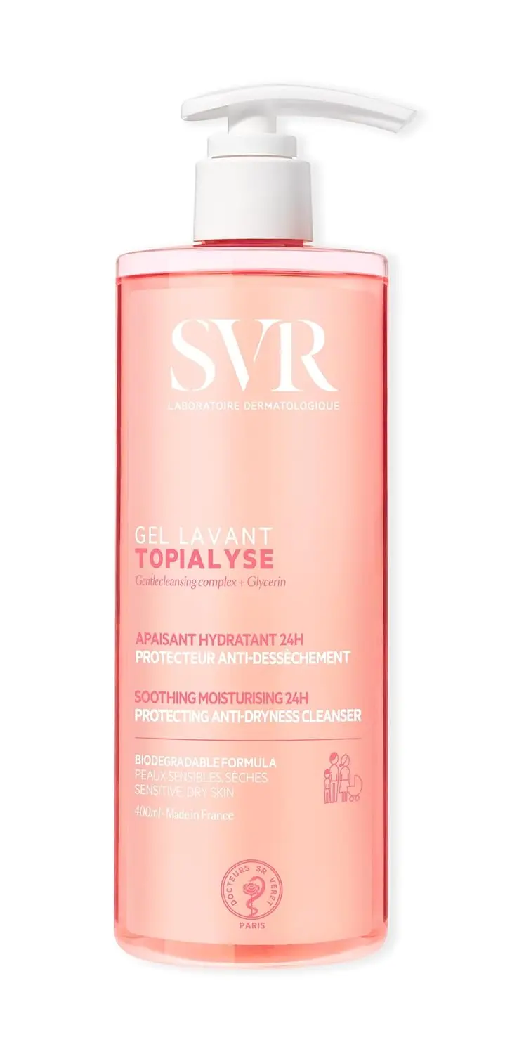 SVR TOPIALYSE gentle cleansing gel wash effectively and safely cleanses dry, sensitive skin for the entire family, leaving it soothed, hydrated, and protected.