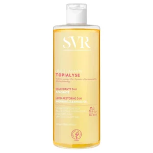 SVR Topialyse Micellar Oil Wash gently cleanses and hydrates dry, sensitive, and eczema-prone skin, providing 24-hour moisturization and relieving itchiness for the face, body, and hair.