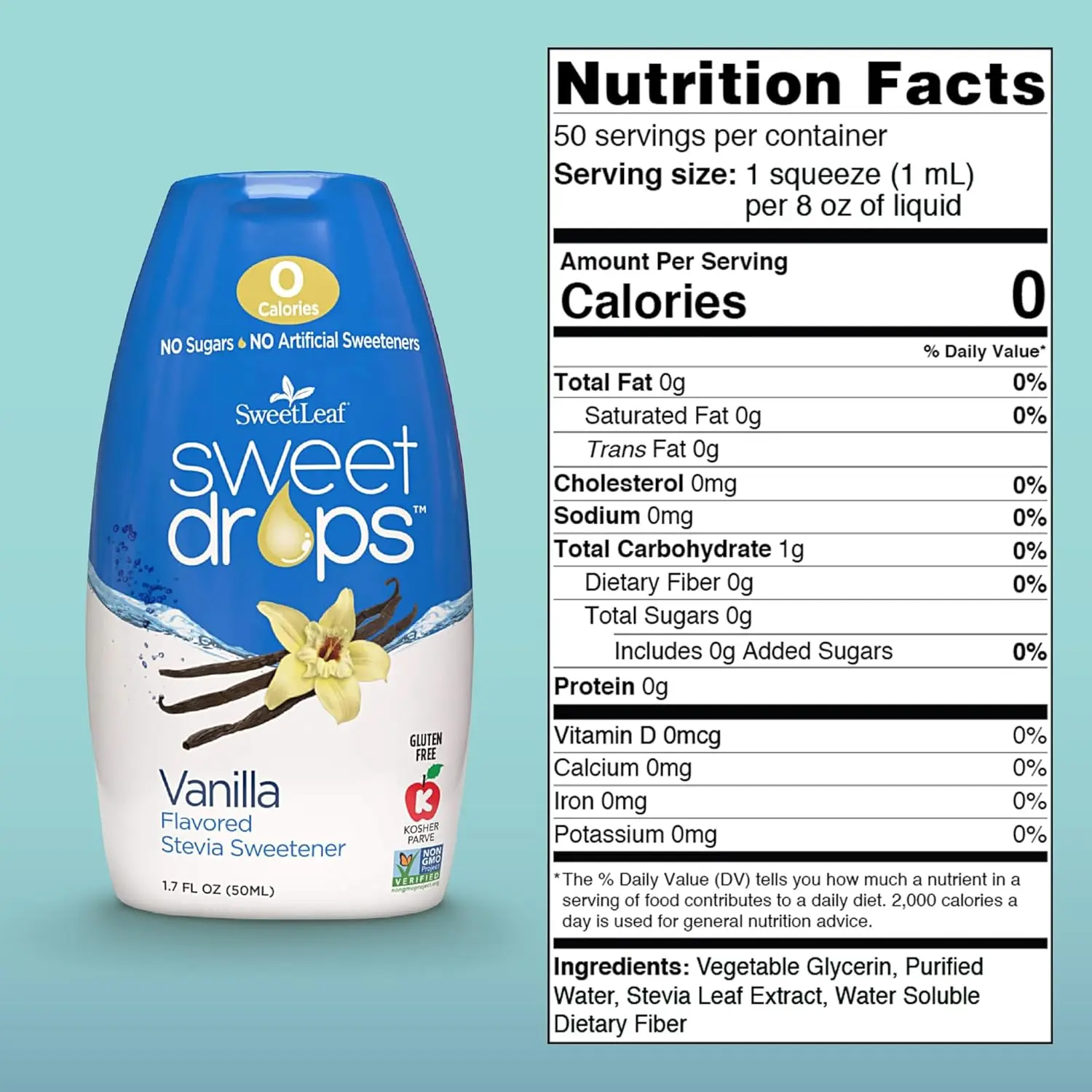SweetLeaf Vanilla Stevia Drops offer zero-calorie sweetness as a natural sugar alternative for flavoring drinks and recipes.
