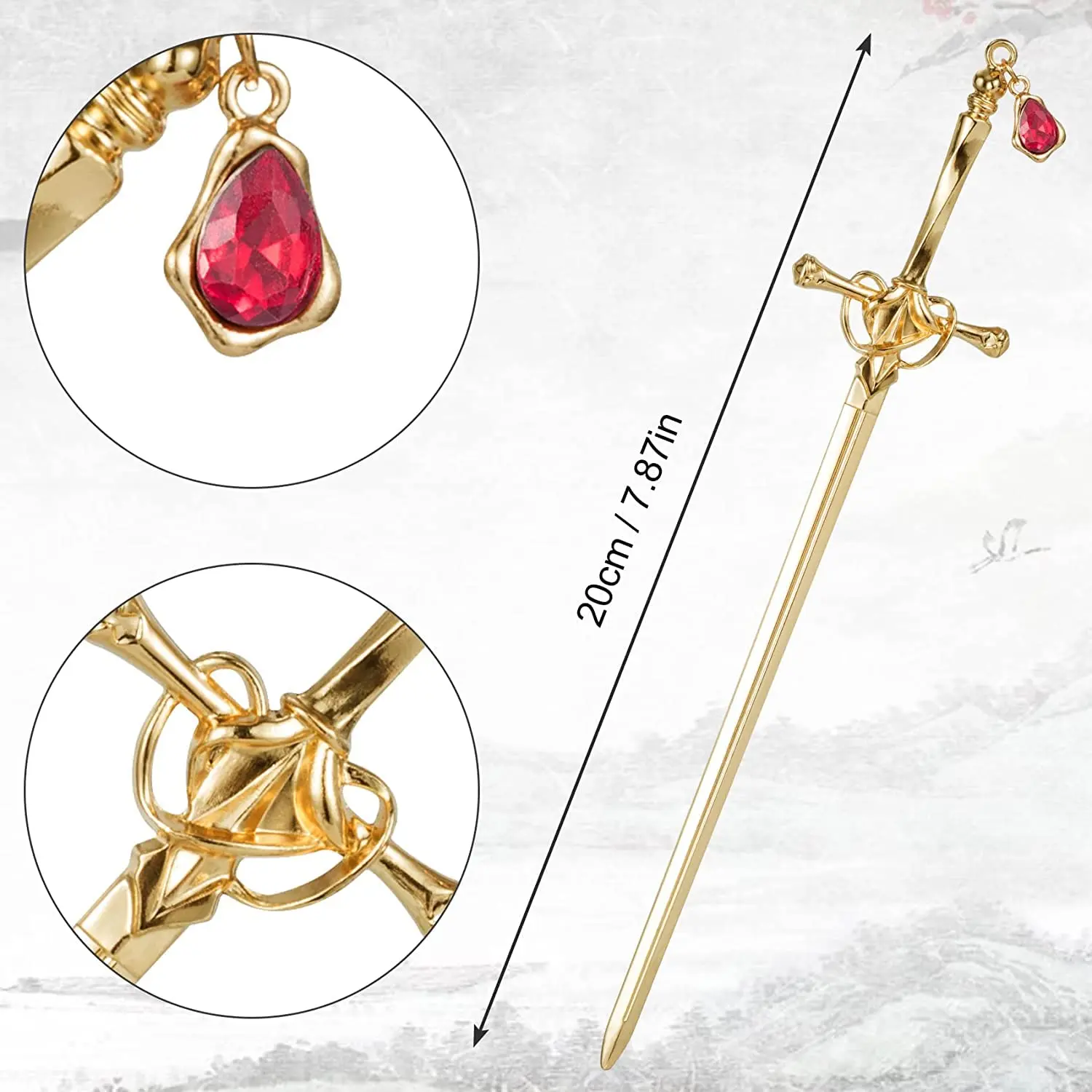 These sword hair pins feature an ancient Chinese style with delicate tassels and gem accents, perfect for styling women's buns in a gold and silver color.