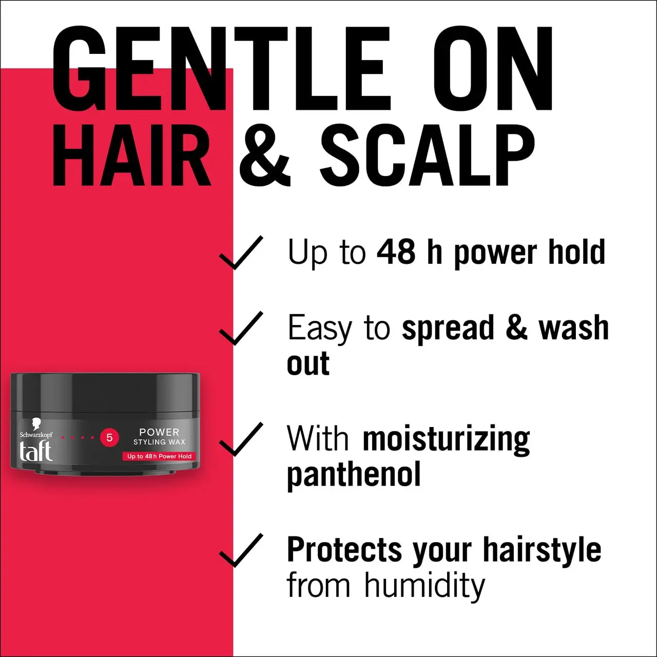 Schwarzkopf Taft Power Wax provides caffeine-strength, all-weather power hold for structured and strengthened hair, working effectively on both wet and dry hair.