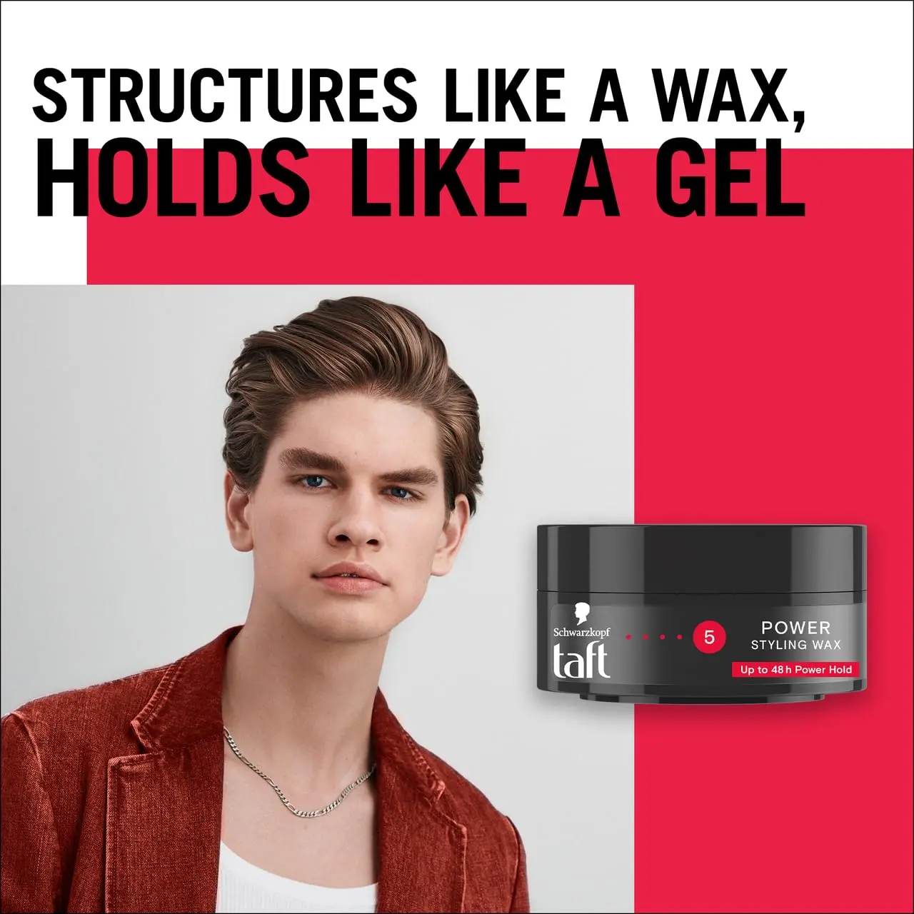 Schwarzkopf Taft Power Wax provides caffeine-strength, all-weather power hold for structured and strengthened hair, working effectively on both wet and dry hair.