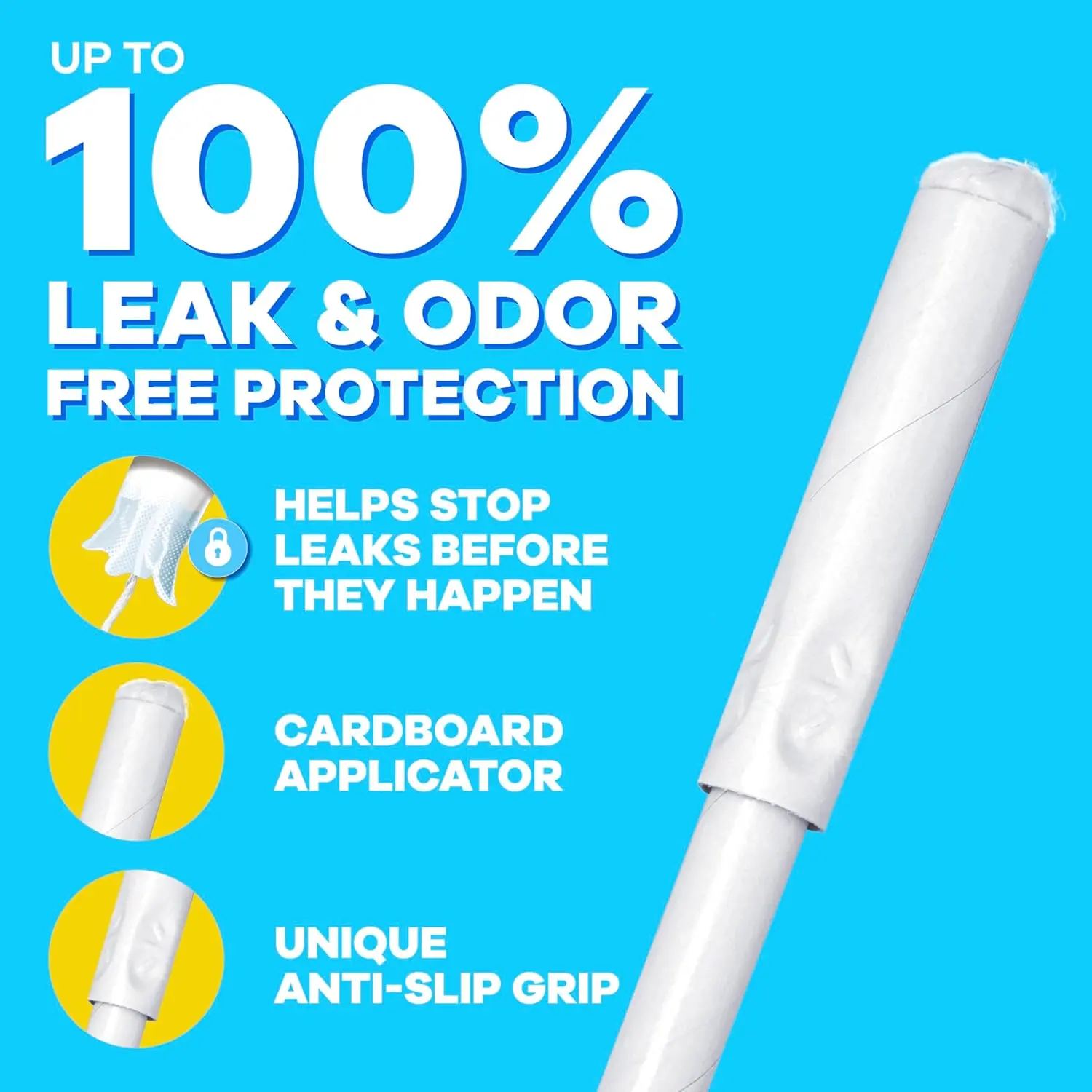 Tampax Super Plus unscented cardboard tampons with LeakGuard Skirt and anti-slip grip provide up to eight hours of comfortable leak and odor-free protection.