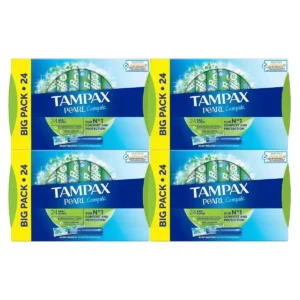 Tampax Compak Pearl Super tampons with MotionFit Technology and LeakGuard Braid in a pack of 96, featuring a SmoothTouch compact plastic applicator with anti-slip grip and rounded tip, independently tested by Oeko-Tex.