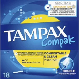 This image shows a Tampax Compak Super Plus tampon with a retractable plastic applicator designed for easy insertion, offering leak protection and discreet period care with absorption channels.