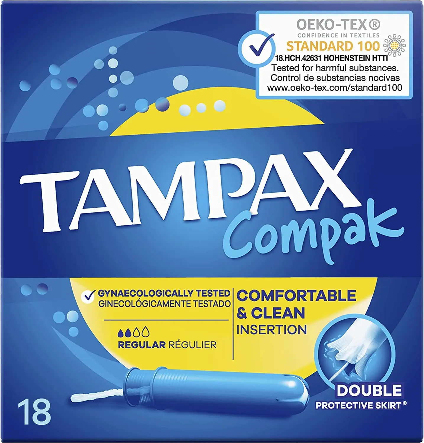 This image shows a Tampax Compak Super Plus tampon with a retractable plastic applicator designed for easy insertion, offering leak protection and discreet period care with absorption channels.