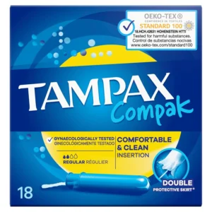 Tampax Compak regular tampons with retractable plastic applicator for easy insertion and leak protection, independently tested and gynecologically approved.