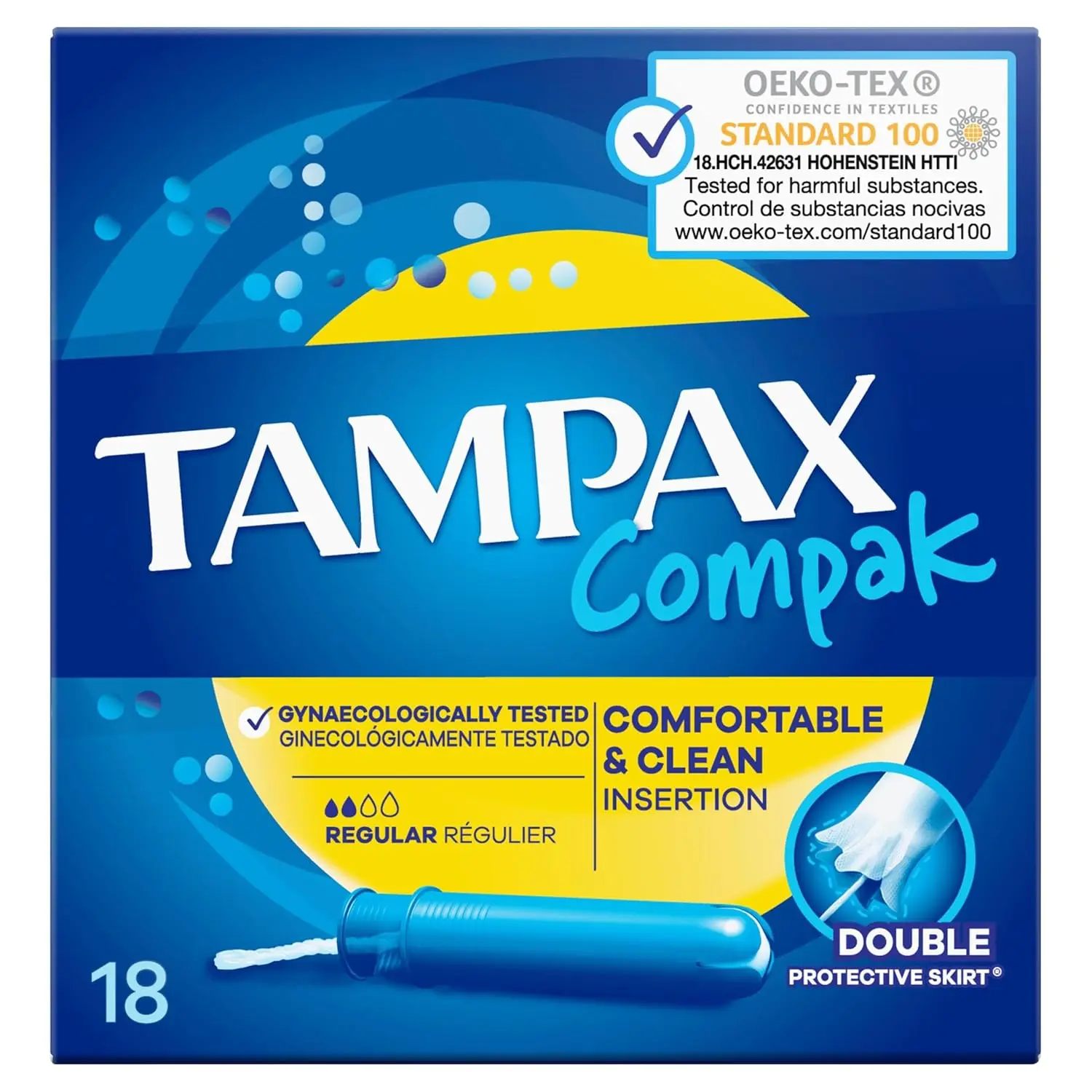 Tampax Compak regular tampons with retractable plastic applicator for easy insertion and leak protection, independently tested and gynecologically approved.