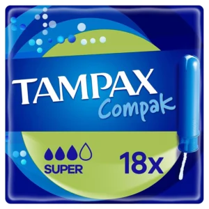 Tampax Compak Super tampons with retractable applicator provide comfortable, discreet period protection and leakage prevention.