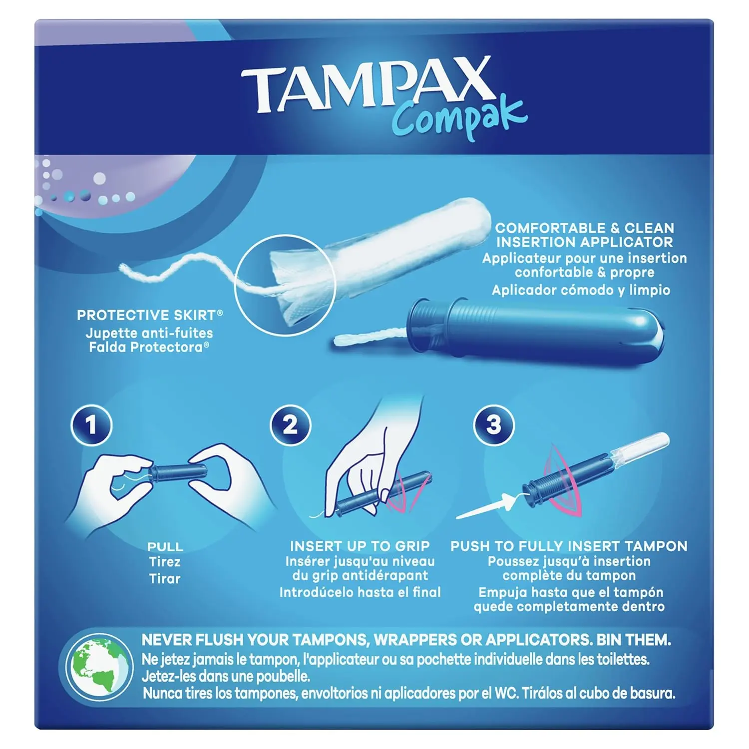 Tampax Compak tampons offer full-size period protection with a compact, retractable applicator and protective skirt to prevent leaks.